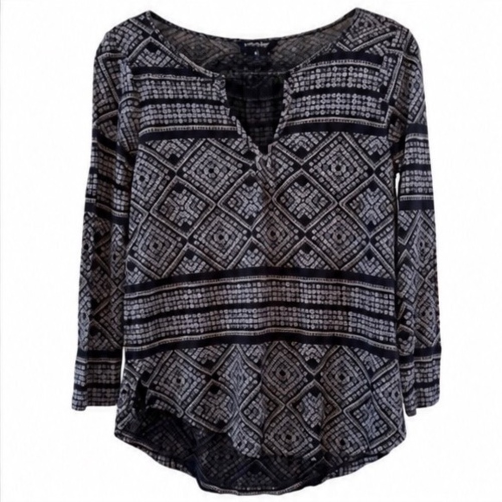 Lucky Brand Womens Navy Blue White Geometric Bohemian Top Lightweight Medium